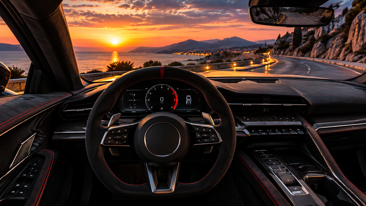 Vizualizacija unutrašnjosti automobila A/01 VANTOR iz vozačeva sjedala u zalasku sunca: upravljač presvučen mikrovlaknima s crvenom oznakom na položaju 12 sati, instrumenti iza njega i obalna cesta ispred.
