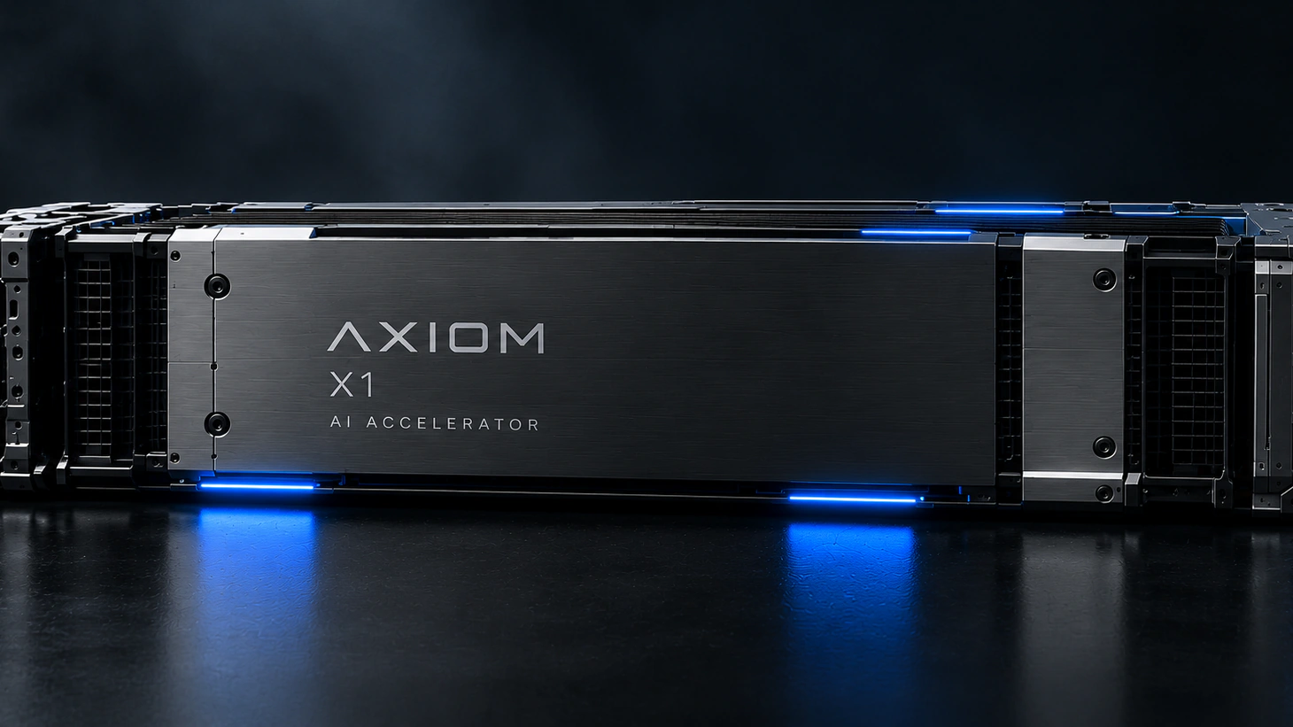 Konceptni prikaz modula AXIOM X1 sa strane: kućište od brušenog metala s natpisom „AXIOM X1 AI Accelerator” i plavim svjetlosnim naglascima.