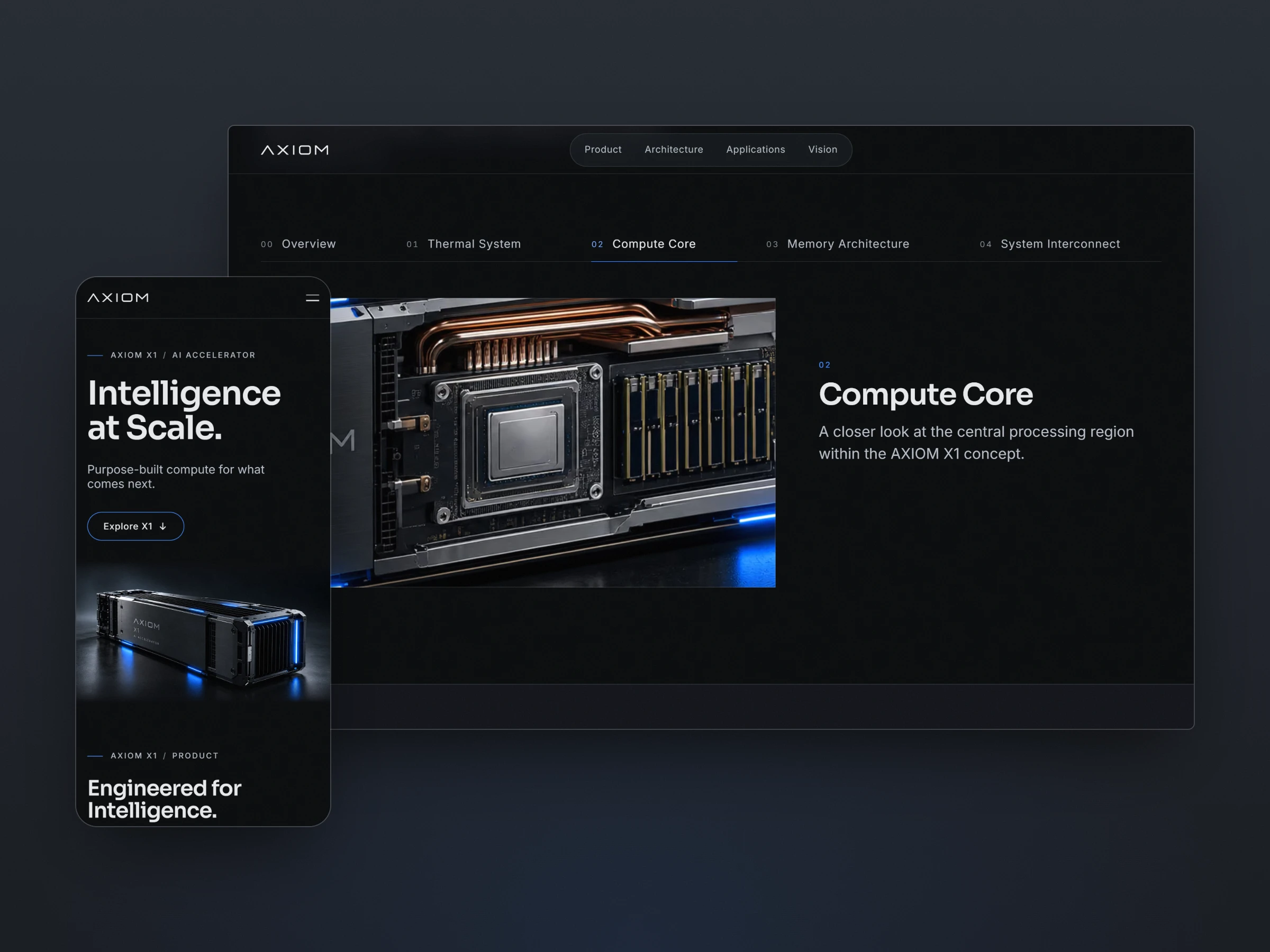 Screens of the AXIOM Compute website: the Architecture Explorer on desktop, showing the Compute Core view of the fictional AXIOM X1 accelerator, and in front of it the mobile homepage with the headline “Intelligence at Scale.”