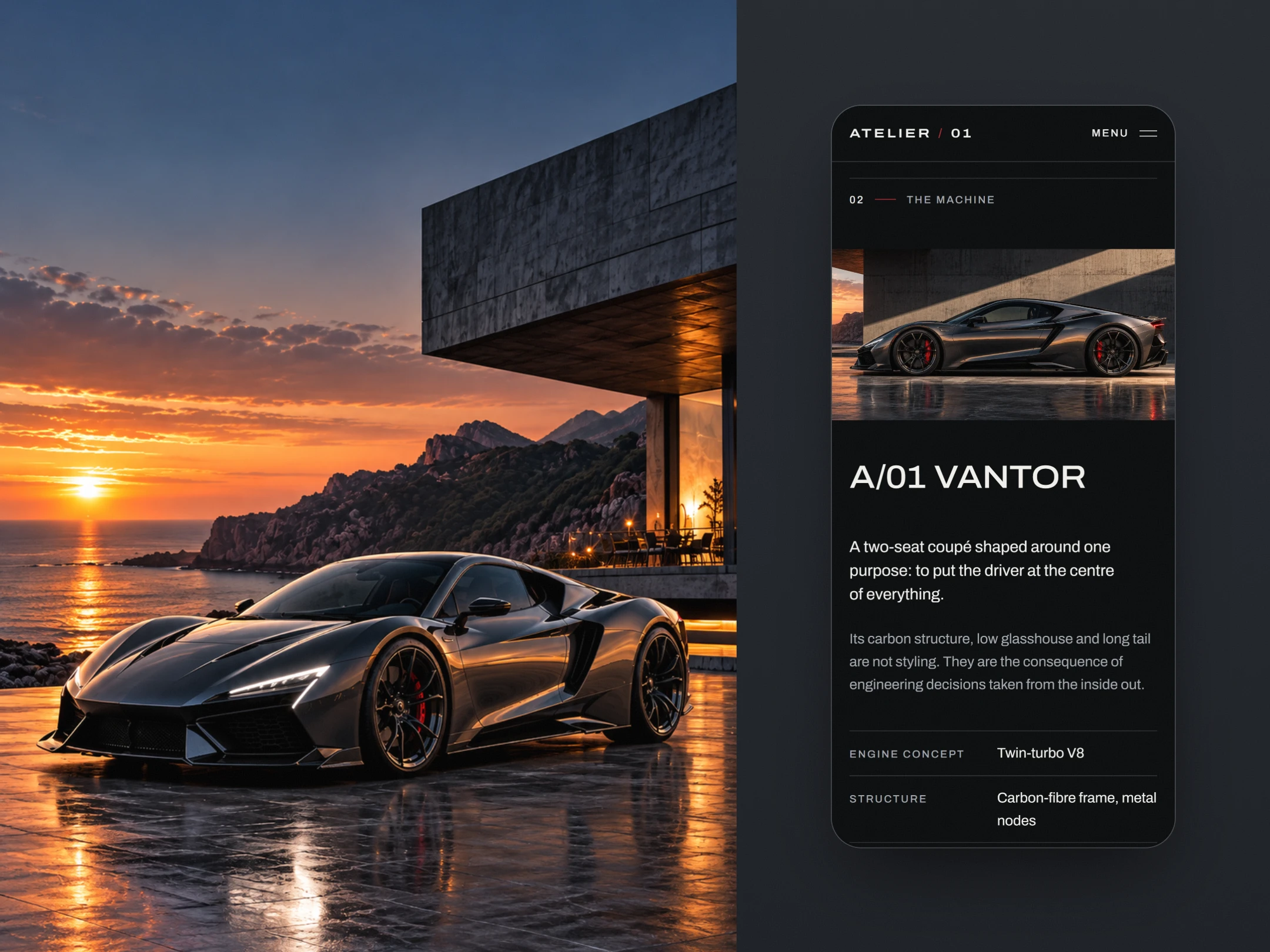 The mobile “A/01 VANTOR” page of the ATELIER / 01 website beside the fictional A/01 VANTOR concept car, shown at sunset on a coastal terrace below a concrete pavilion.