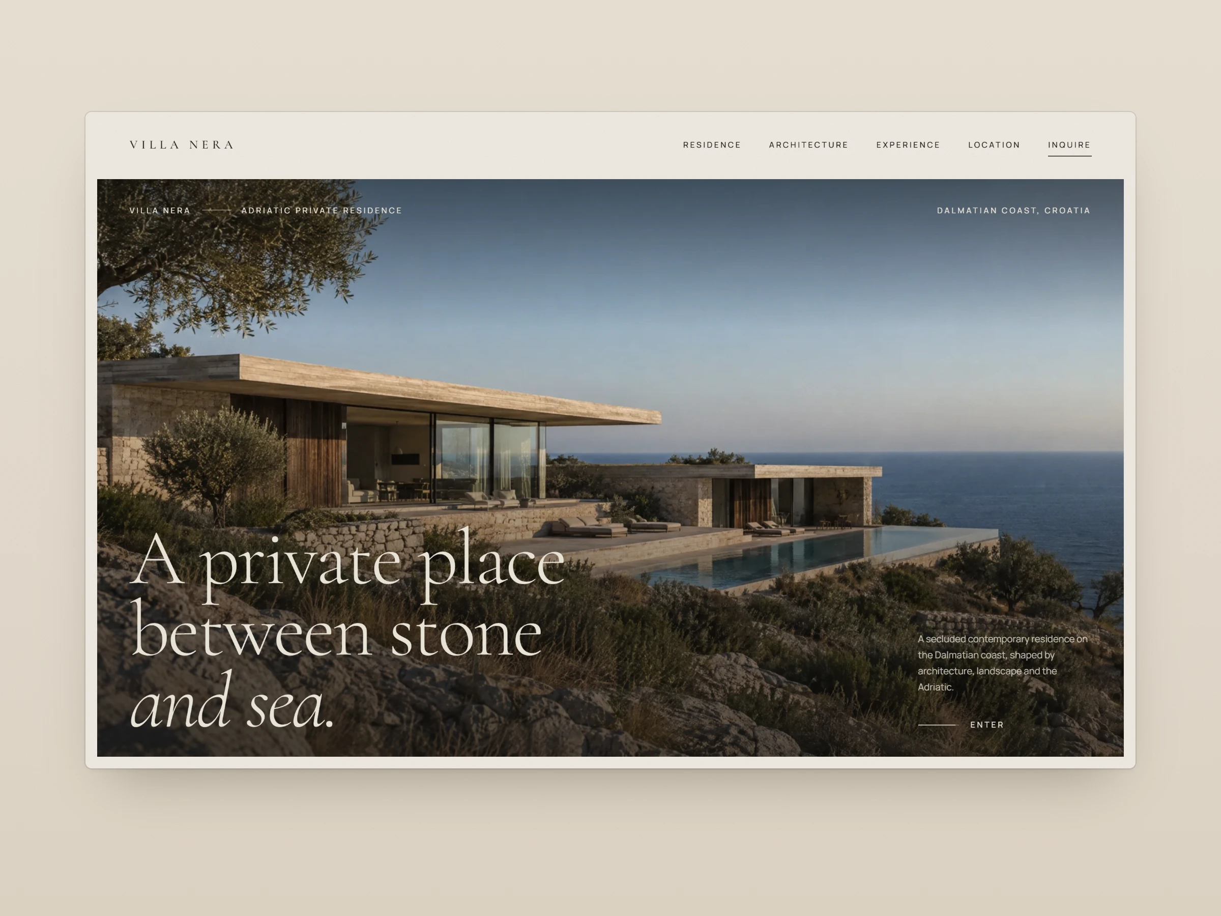 Screens of the Villa Nera website: the homepage with the serif headline “A private place between stone and sea.” above a view of the residence and the Adriatic.
