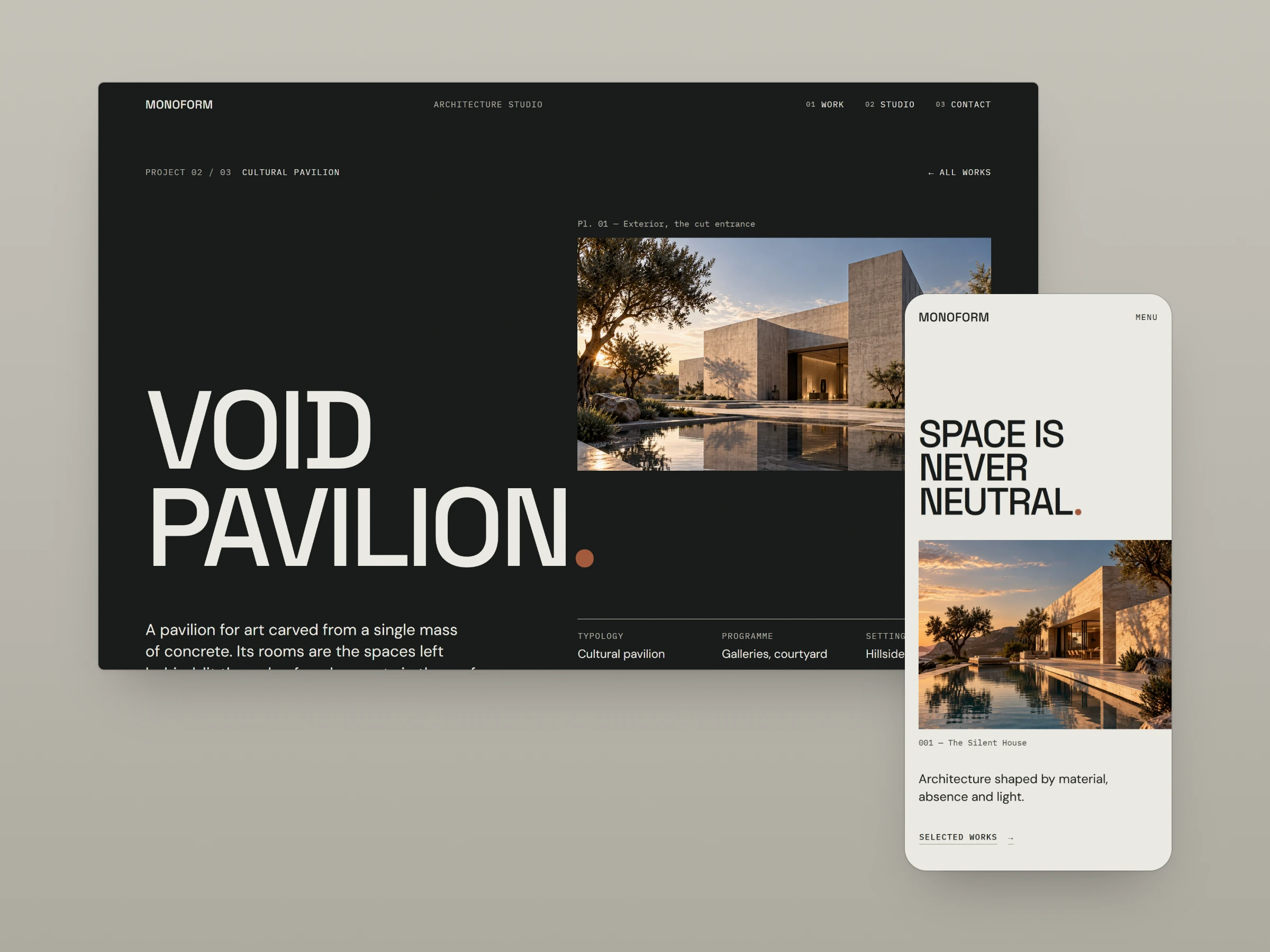 Screens of the MONOFORM website: the dark Void Pavilion project page with the headline “VOID PAVILION.” and, in front of it, the light mobile homepage with “SPACE IS NEVER NEUTRAL.”