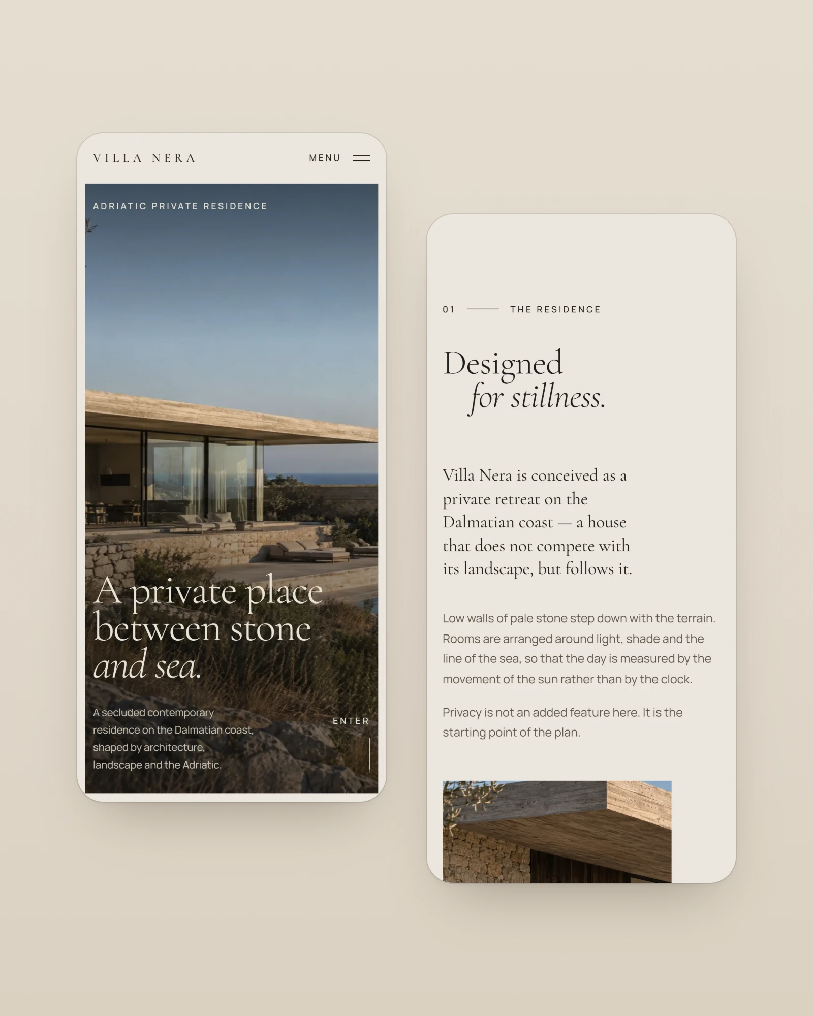 Screens of the Villa Nera website: the homepage with the serif headline “A private place between stone and sea.” above a view of the residence and the Adriatic.