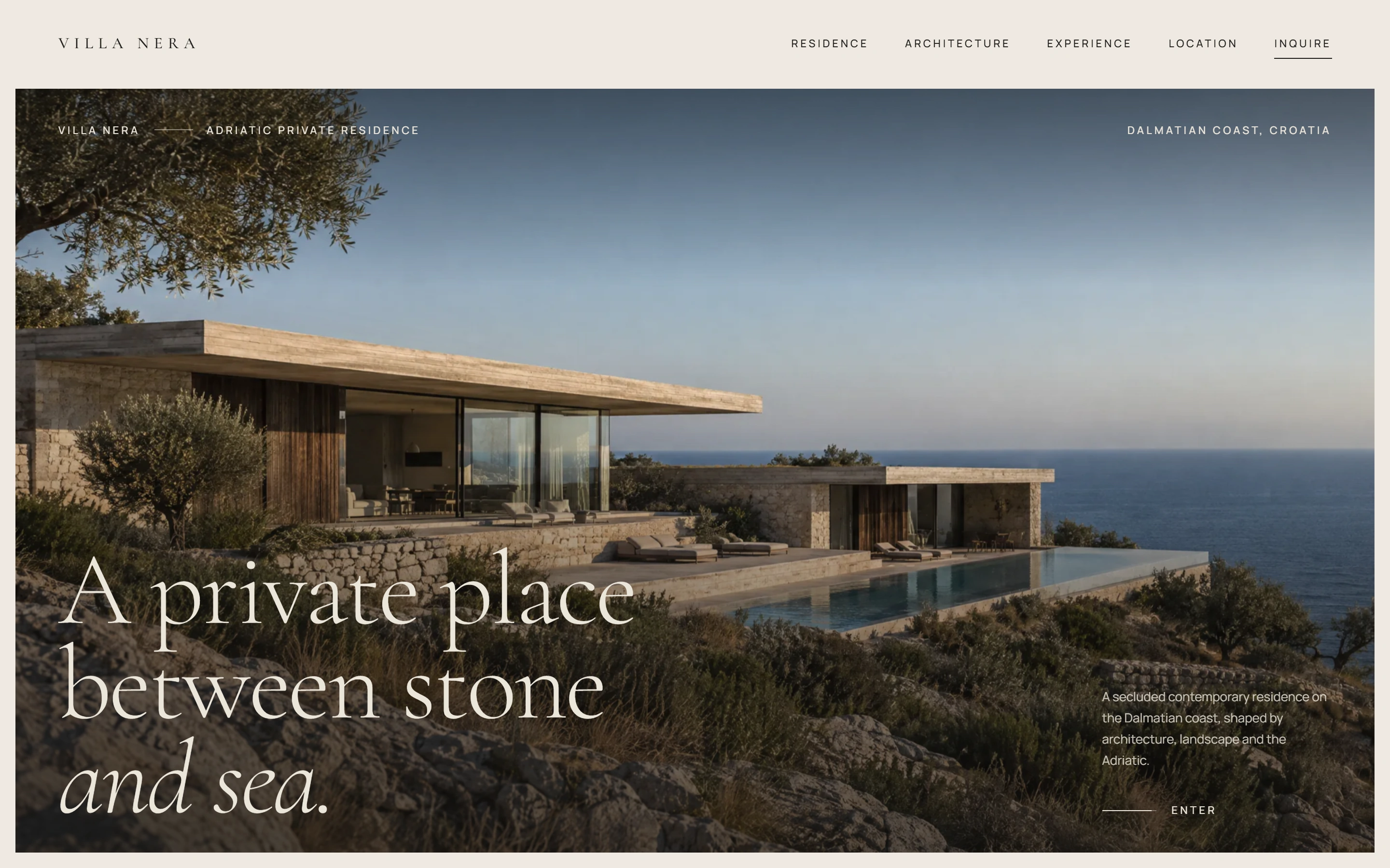 The Villa Nera homepage on desktop: the serif headline “A private place between stone and sea.” over a view of the residence.