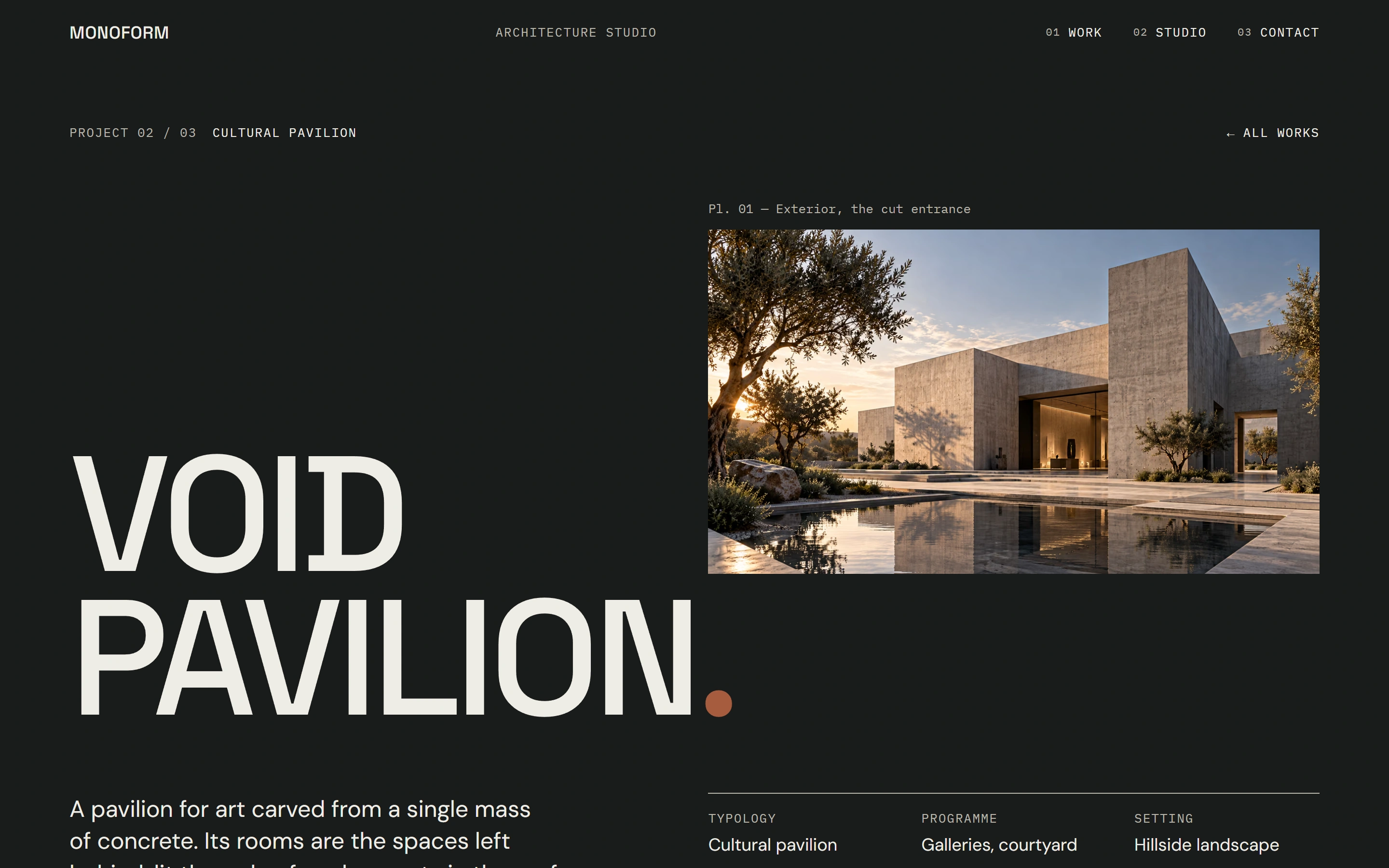 Stranica projekta Void Pavilion na desktopu: naslov „VOID PAVILION.” na tamnoj podlozi, uz sliku paviljona te njegovu tipologiju, program i okruženje.