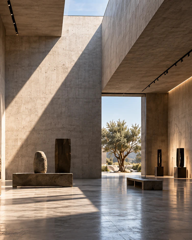 Vizualizacija galerije projekta Void Pavilion: visoka betonska prostorija s kamenim skulpturama na niskim postoljima, presječena dijagonalnim snopom sunčeva svjetla i otvorena prema maslinama.