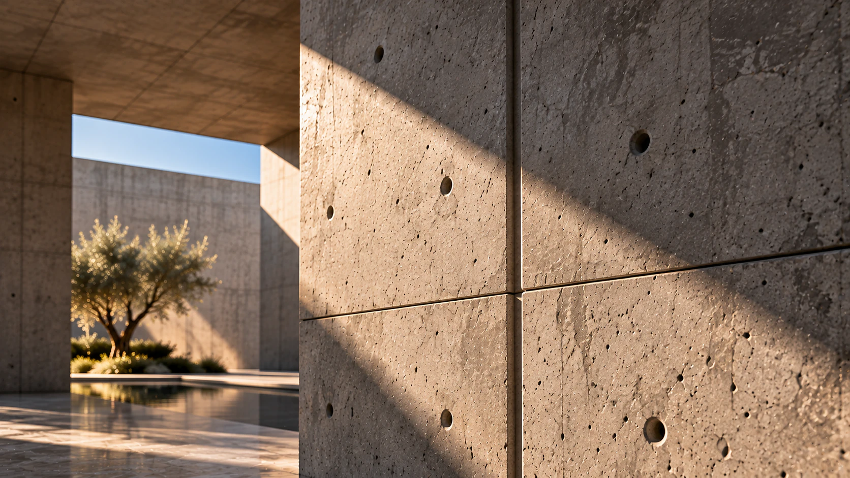 Vizualizacija detalja projekta Void Pavilion: beton s tragovima oplate i otvorima sidara na kosom svjetlu, iza njega maslina u dvorištu.