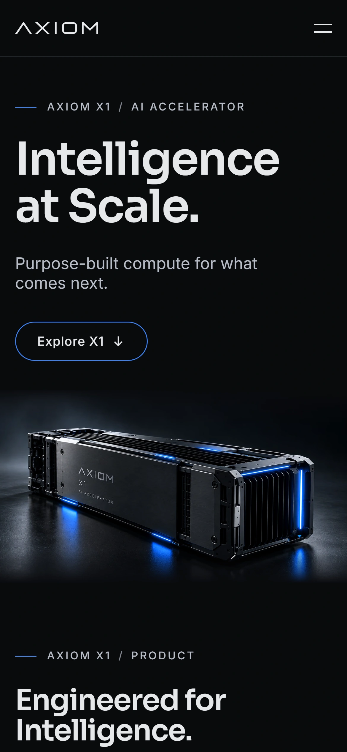 Početna stranica AXIOM Compute na mobitelu: naslov „Intelligence at Scale.” i gumb „Explore X1” iznad modula.