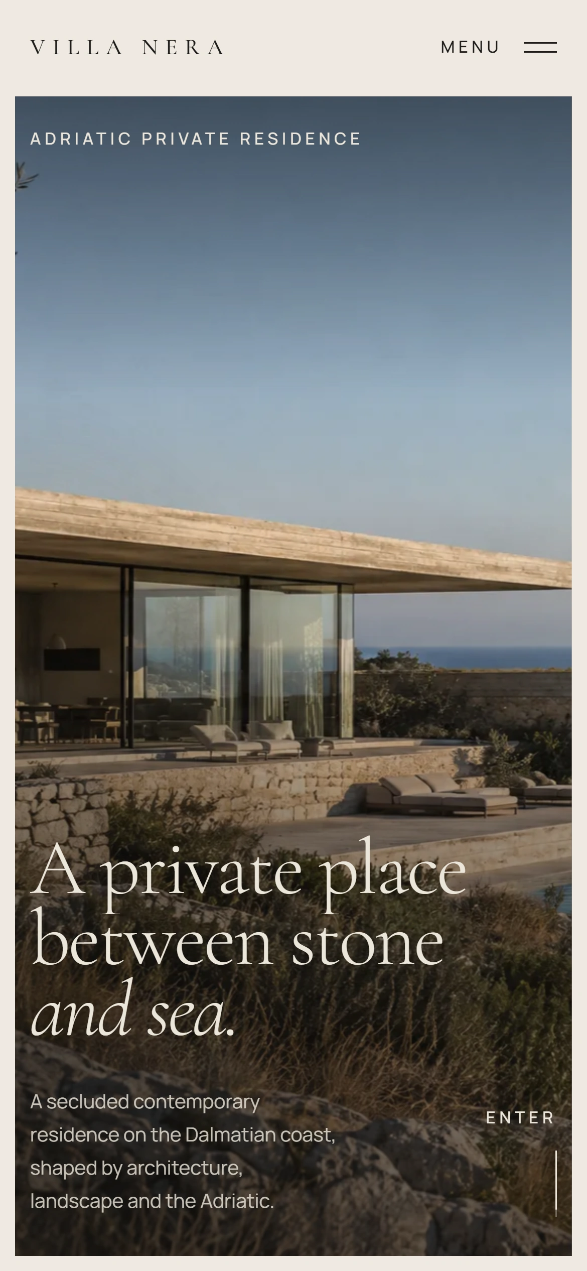 The Villa Nera homepage on a phone, with the same headline over the residence.