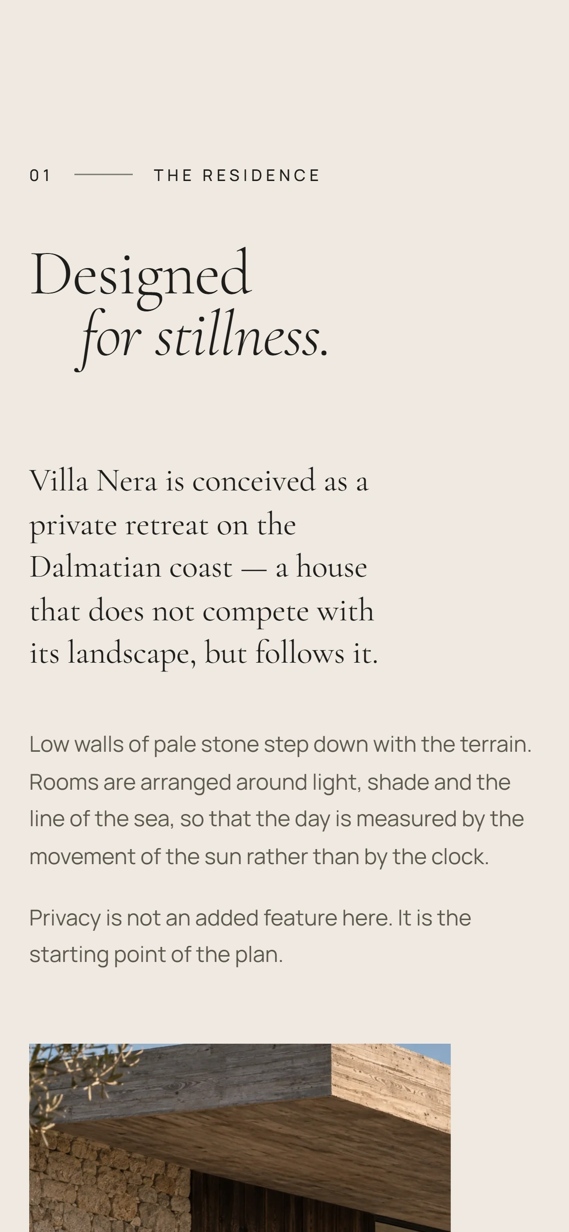 The Residence chapter on a phone: the headline “Designed for stillness.” above an introduction and an image of the house.