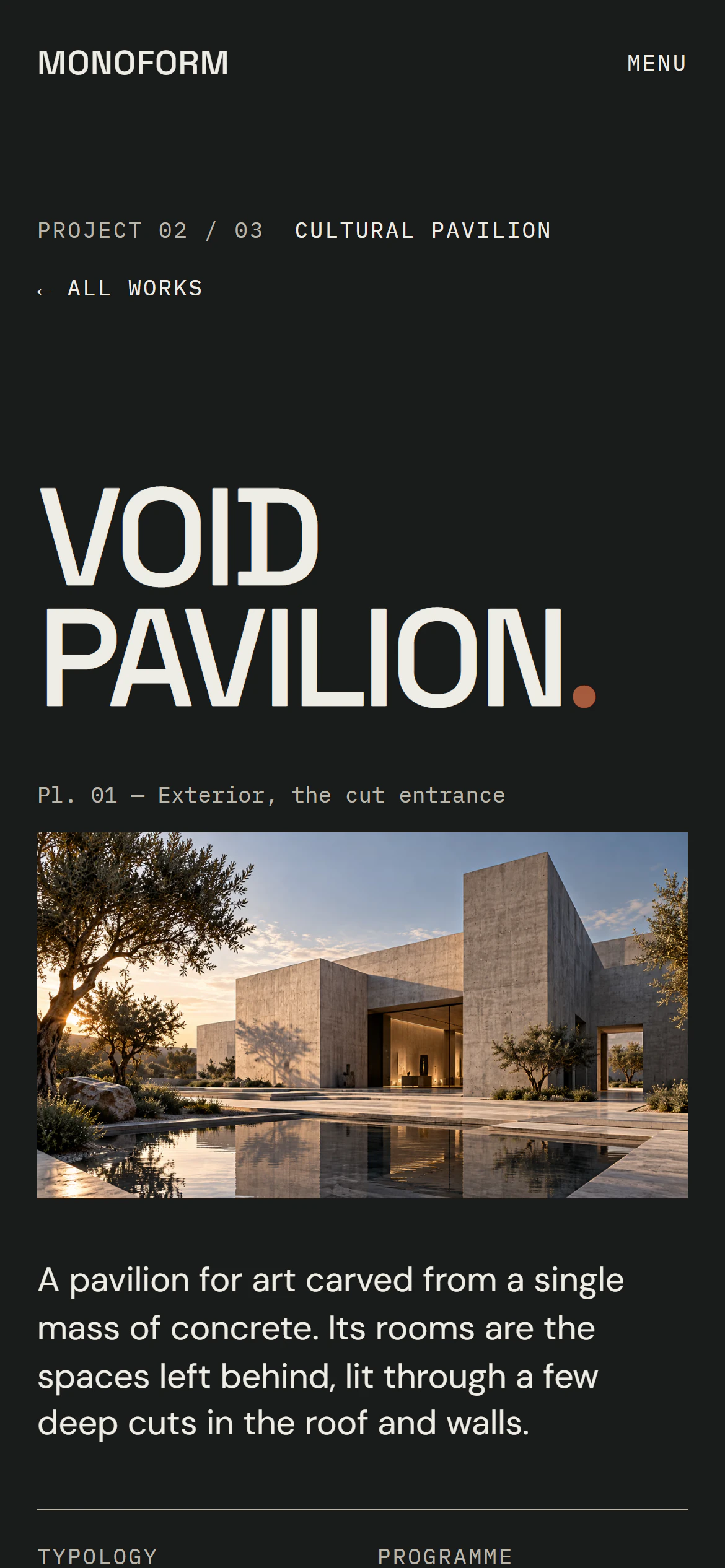 Stranica projekta Void Pavilion na mobitelu: naslov „VOID PAVILION.” iznad slike paviljona i kratkog opisa.