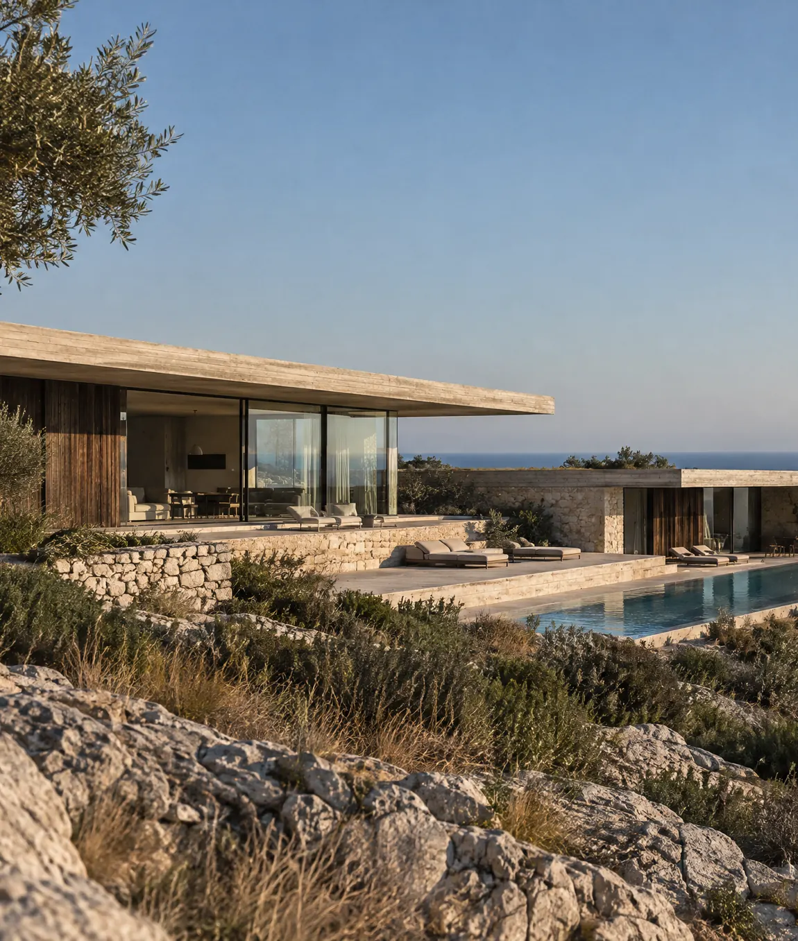 Visualisation of the Villa Nera residence: a low stone house with a flat roof and an infinity pool on a rocky slope above the Adriatic, an olive tree in the foreground.